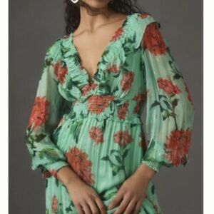 Floral Ruffle V-Neck Maxi Dress in Mint with Coral Blooms
